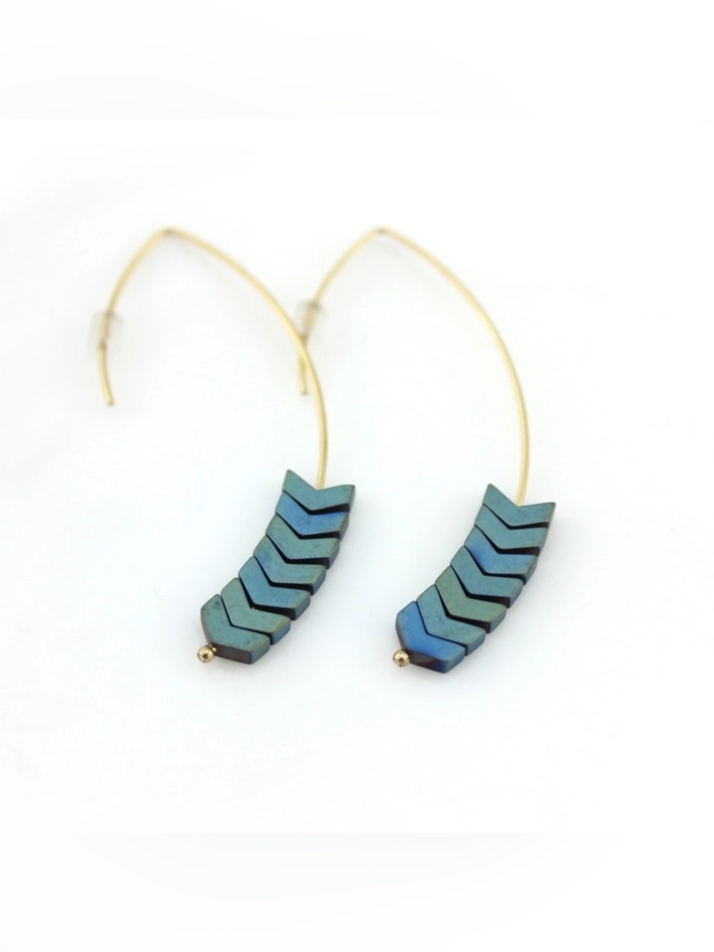 Gold Wire Earrings with Blue-Green Chevron Beads